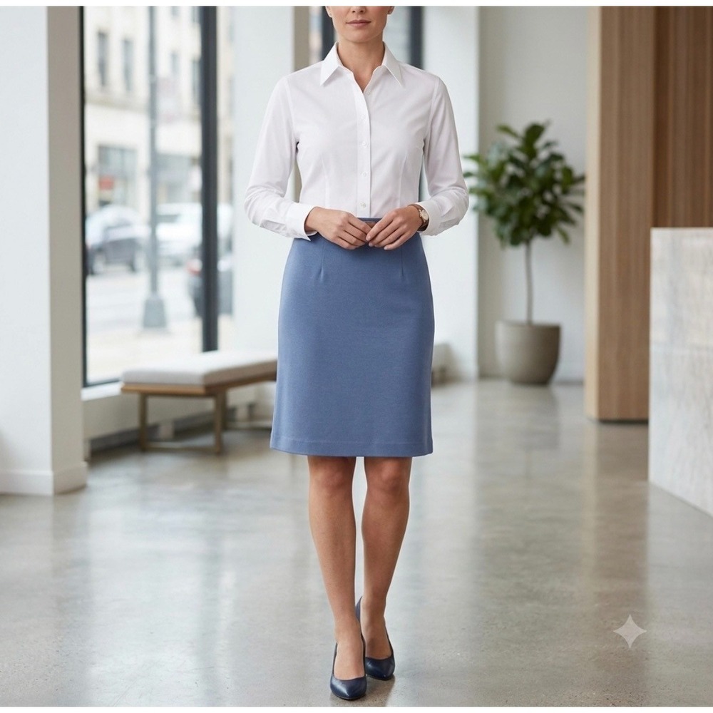 Exclusively Misook Skirt Blue Knit Elastic Waist Sz L Office Casual Quiet Luxury
